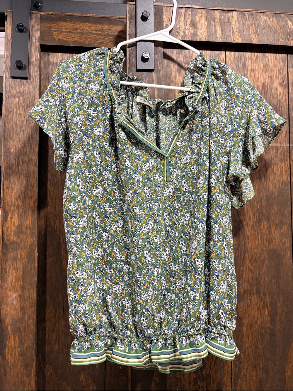 Max Studio Green Floral Ruffle-Neck Blouse